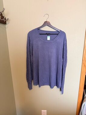 Lightweight Lace-Sleeve Pullover Sweater in Dusty Blue